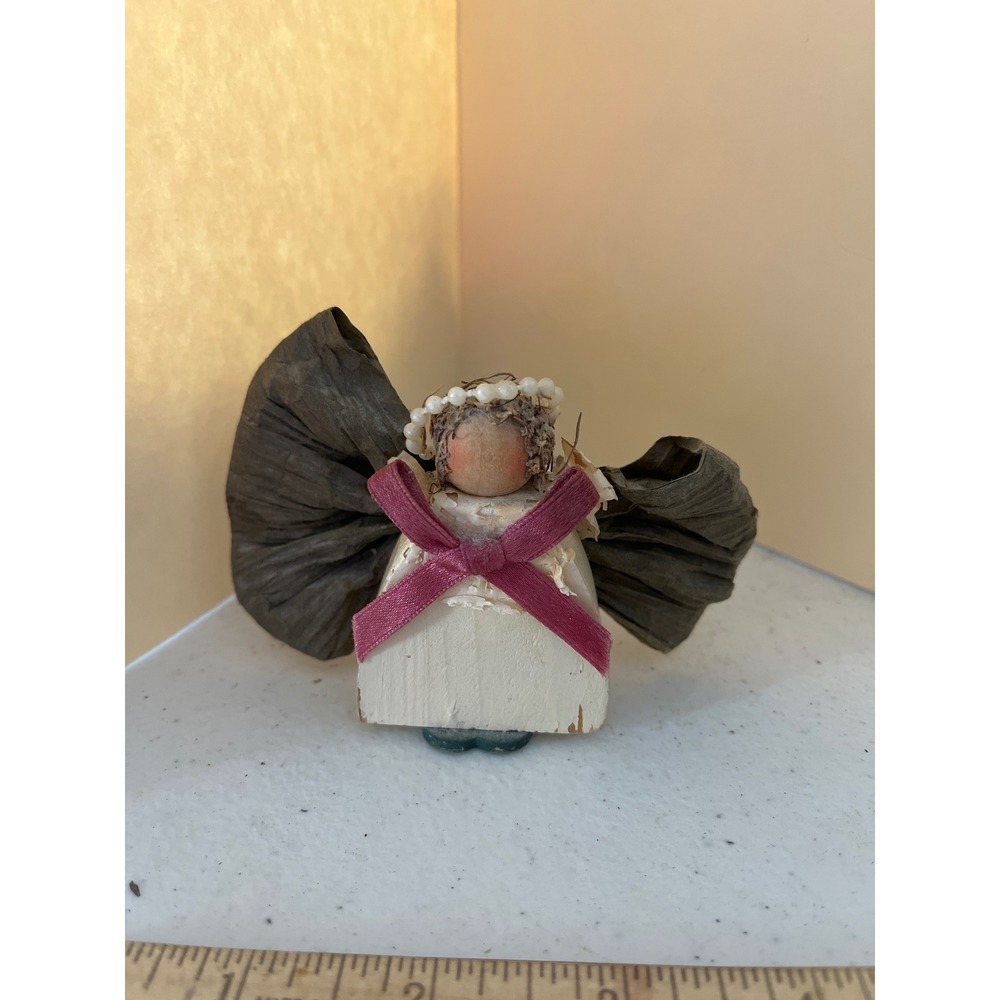 Vintage Primitive Wooden Angel Figurine Paper Wings Pearl Halo Christmas Decor